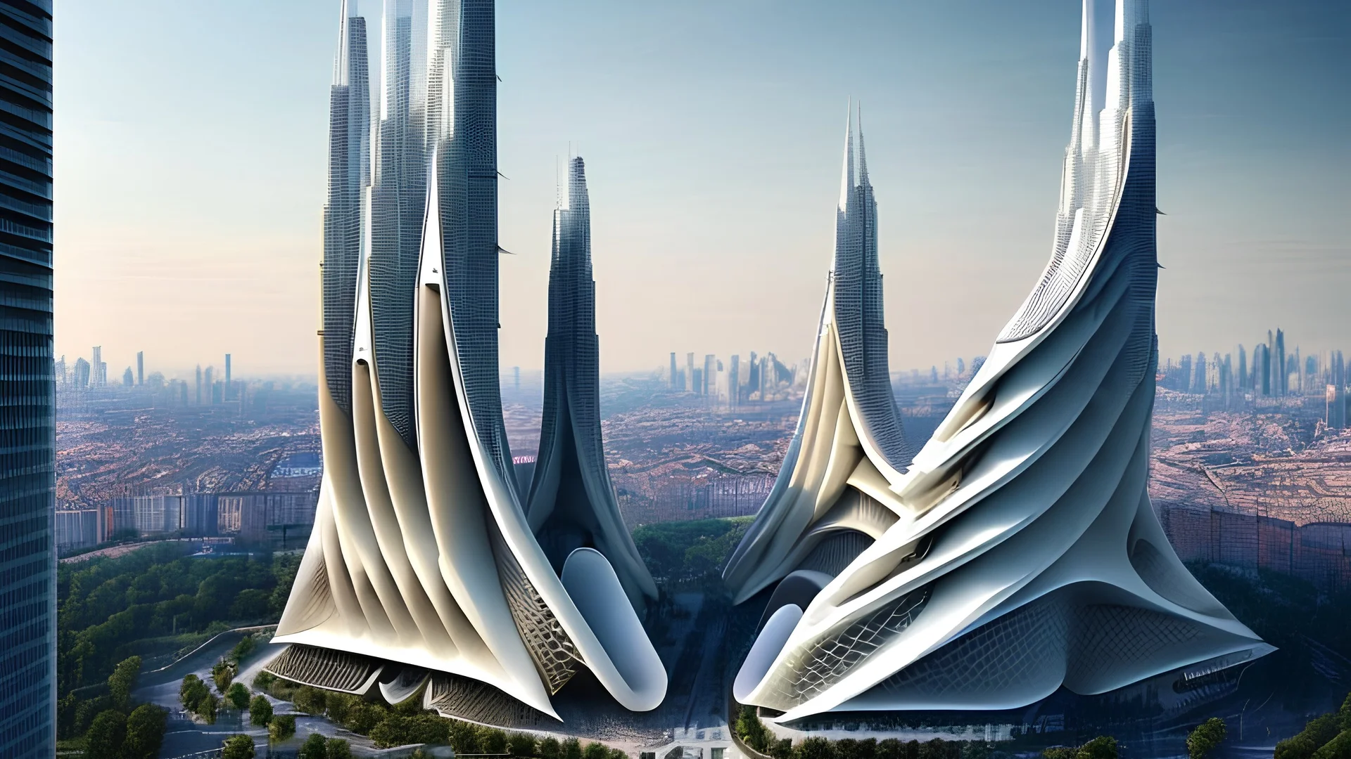 architectural concept, inspired by Zaha Hadid, located in Milano, show Milano skyline in the picture, not too big of a building but still expressive, the architecture should be located between other buildings. Make the building fit the theme of the rest of the architecture of the city.