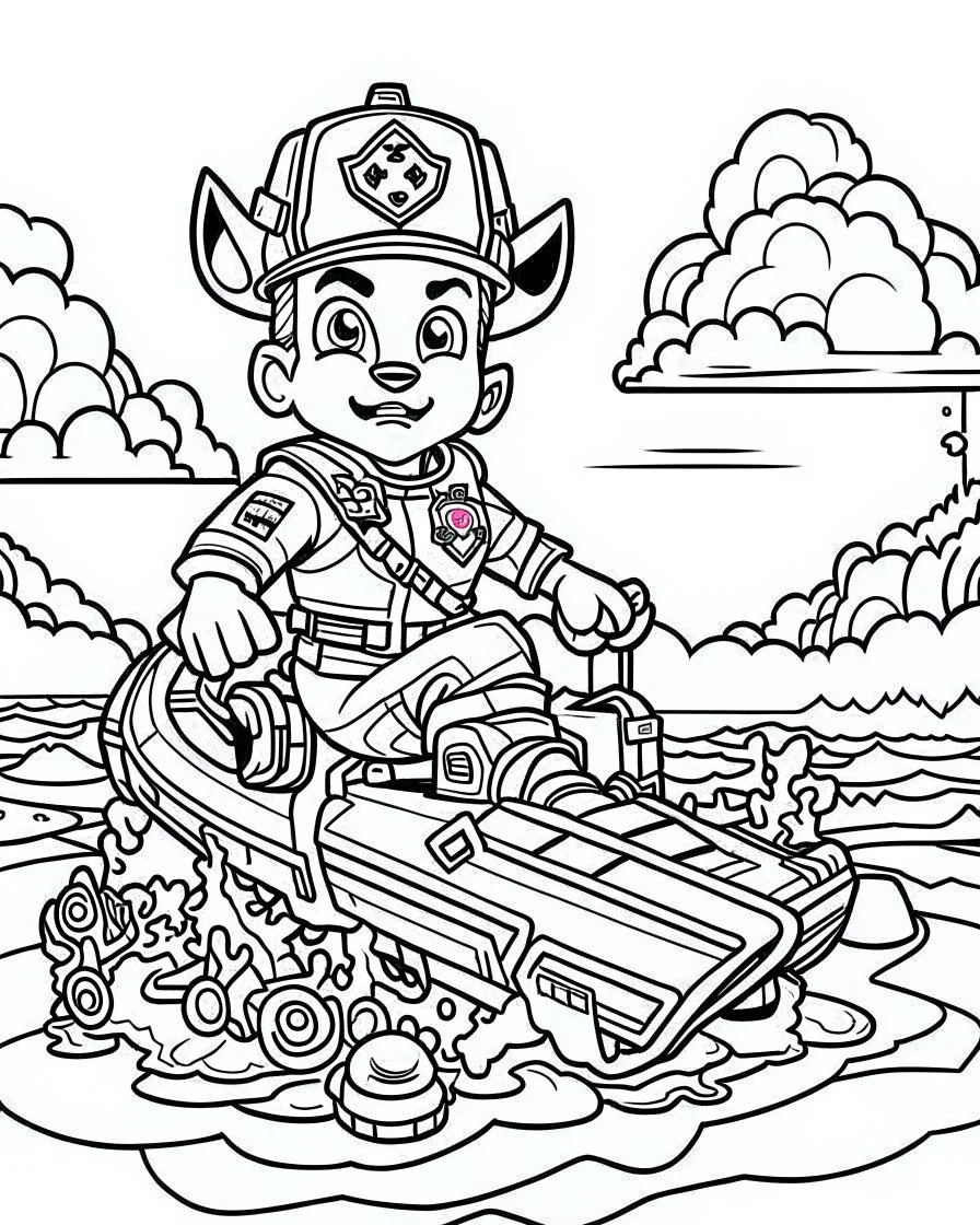 outline art for Paw Patrol Zuma On Water Craft coloring page, Japanese manga style, cartoon style, cute face, white background sketch style, full body is a must, only use outline, clean line art, no shadow, bold outline