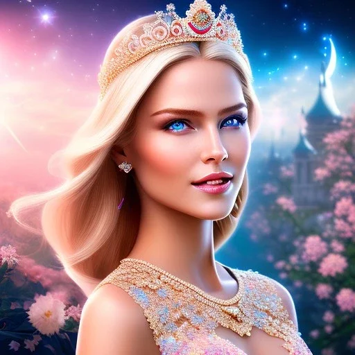 Full body Princess, sexy woman blondie, make up, beautiful smiling face,blue eyes, beautiful place,amazing, flowers, colors, blue and pink butterfly, realistic, photo real, stars night, detailed, high contrast, 8k high definition, unreal engine 5, extremely sharp detail, light effect, light background