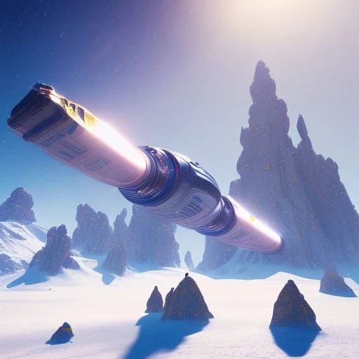 Spaceship landed on snowy mountain, sunny day. clear blue sky. gold. Elegant. Extremely detailed. Award winning photography. Fantasy. 8k. Cinematic lighting. Photorealistic. Dynamic lighting. Imperial colors. Crisp quality. Unreal Engine. Colourful cinematic postprocessing. Pixar. VRay.