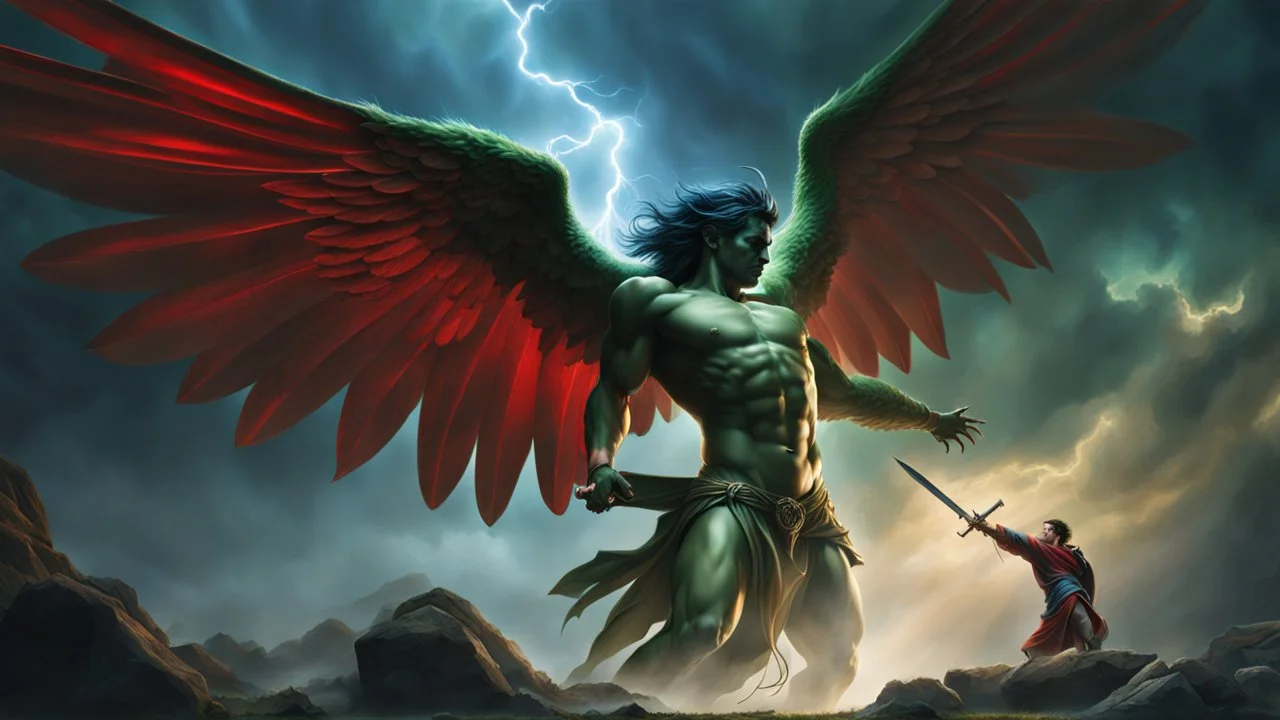 a powerfull angel fighting a demon. huges wings. blues, green and red lightning. perfect arms and hands, exquisite realism, a masterpiece, fantasy concept art, dynamic lighting, hyperdetailed, intricately detailed, deep color, volumetric lighting, Epic cinematic brilliant stunning intricate meticulously detailed dramatic atmospheric maximalist,