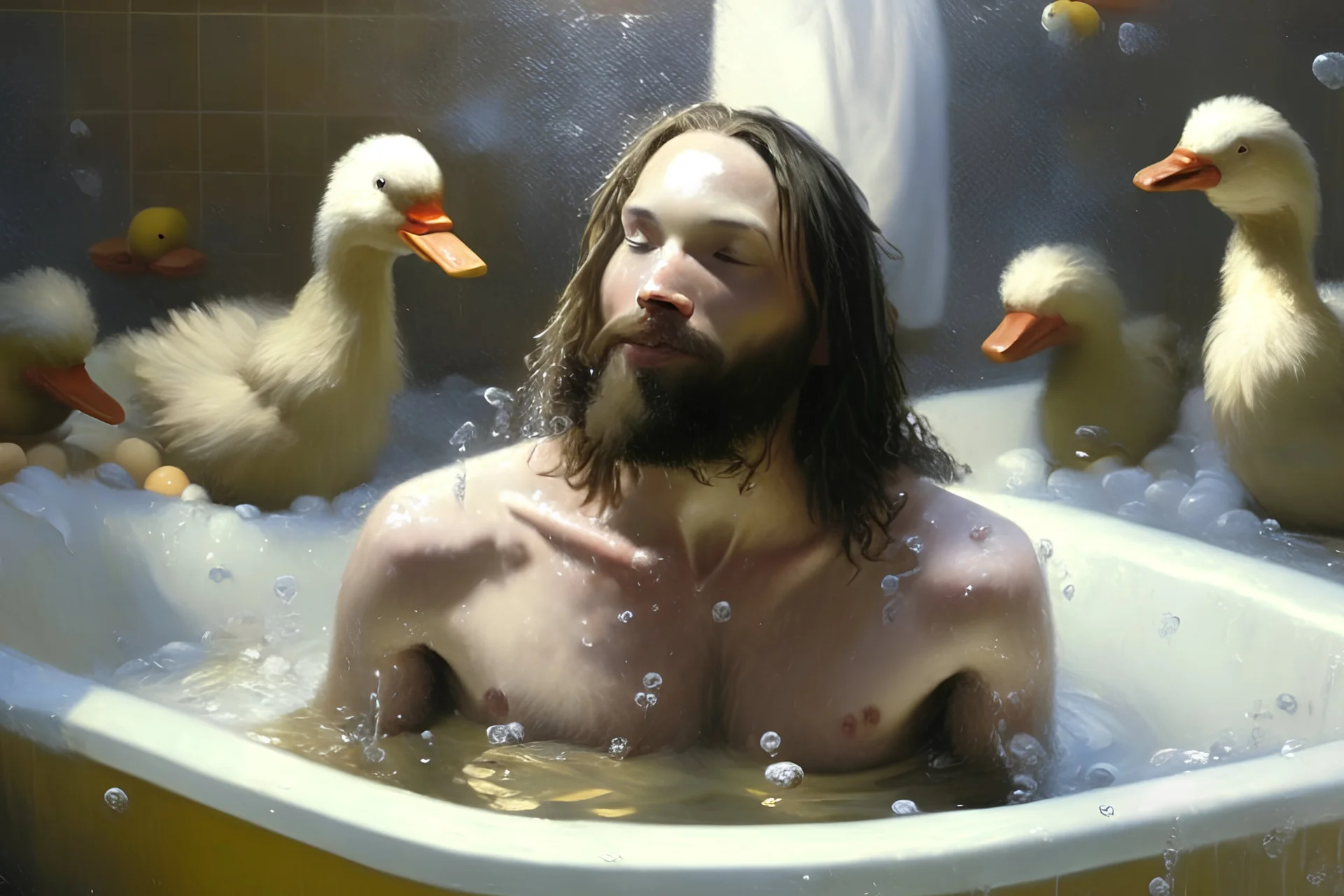 Jesus is bathing. playing with foam and rubber ducks in your bath. 4K David Palumbo