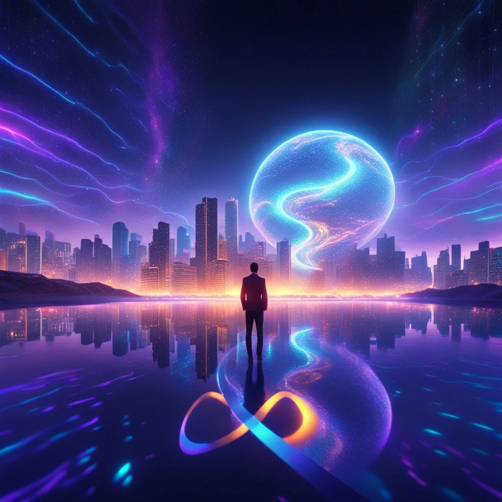 3D infinity symbol ∞, infinity figure-of-eight symbol is totally-symmetrical and brightly coloured, man silhouette facing epic scene of building, glowing earth, water, network and lights, exotic, inspiring, fantasy, neon, friendly, beautiful, octane render, 8k post-production, artstation: award-winning: atmospheric: commanding: fantastical: clarity: 16k: ultra quality: striking: brilliance: liquid medium: stunning colors: amazing depth; lens: f/8, 28mm