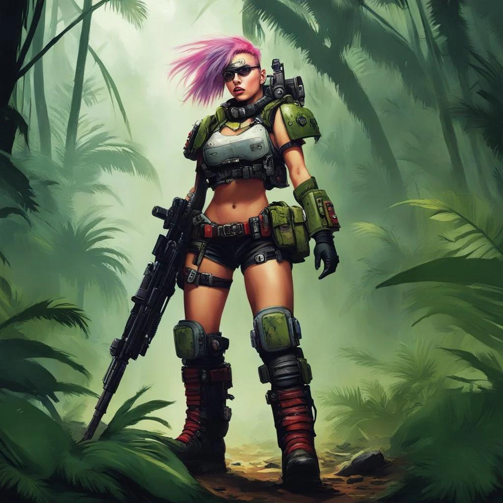 [a plane warhammer 40,000] tank girl in heavy power armour, with boots in the jungle were a plane crashed