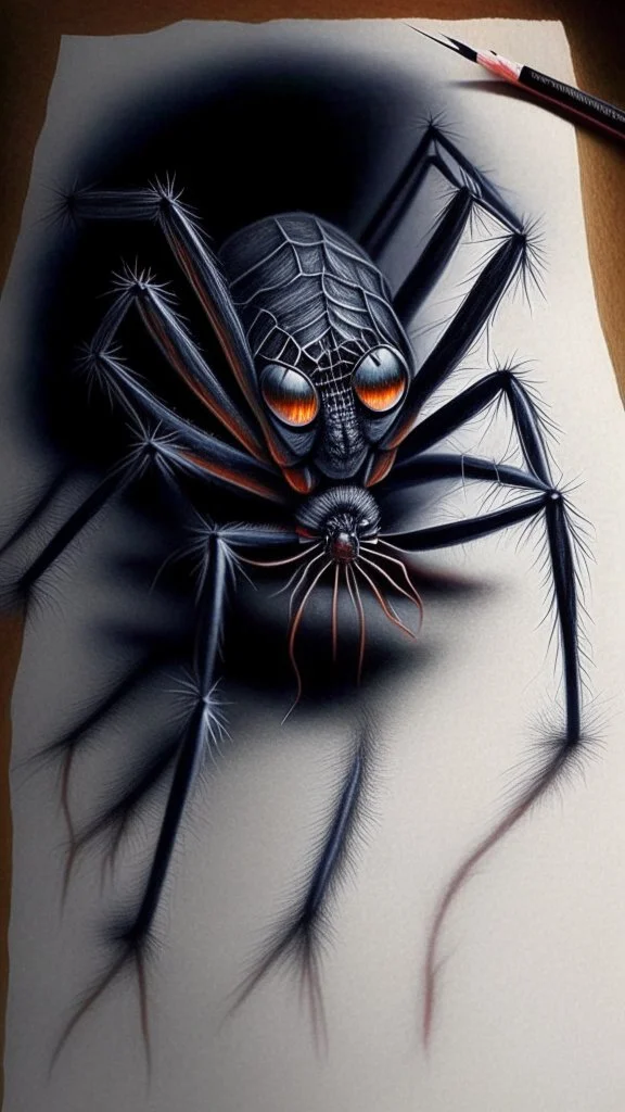 pencil drawing of a spider. Spooky, scary, halloween, colored pencils, realistic, black paper