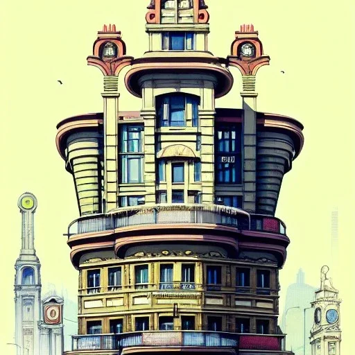 Trainstation on top of building +Beaux Arts architecture+artdeco architecture+detailed facades+uphill road+trees+ biopunk+Bueno Aires+turin+trieste+Book illustration by Gediminas Pranckevičius, Jean Baptiste Monge, Brian Kesinger, Anton fadeev, Kilian Eng, strong lines, high contrast vibrant colors, highly detailed, 16k resolution, trending on behance