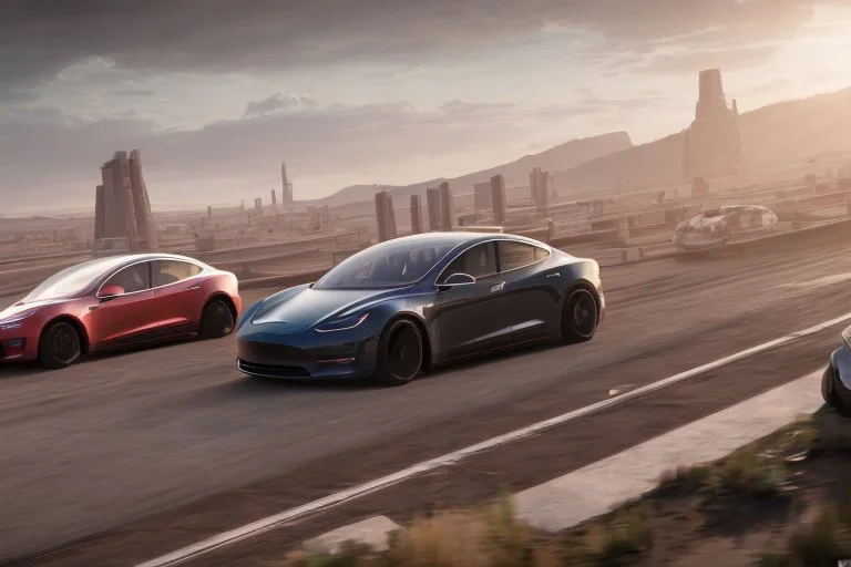 A Tesla 'Model S' is racing at top speed, in the 'Cloud City' of Bespin. CINEMATIC. WIDE ANGLE LENS. PHOTO REAL.