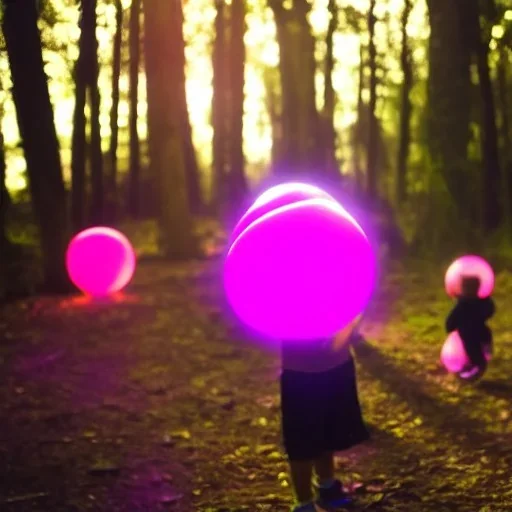 Balls of glowing pink and purple light in the forest with kids playing and laughing