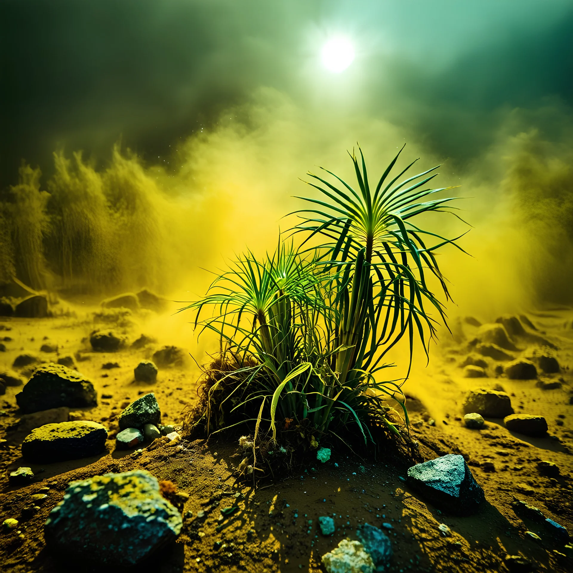 A striking quality Kodak photograph captures a wasteland with liquid and group of monstrous plants, creepy, details of the dust very accentuated, glossy organic mass, adorned with minerals and rocks. Bathed in intense light, eerie, Max Ernst style, Amano, Audubon, yellow sun, fluids, fog, bkue eyes, paranoic, obsessive, blurred, volumetric light, dog teeth