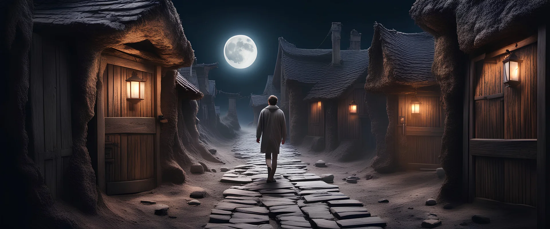 Hyper Realistic man walking between a prehistoric narrow street with ancient wooden houses gates at dark moon eclipse night