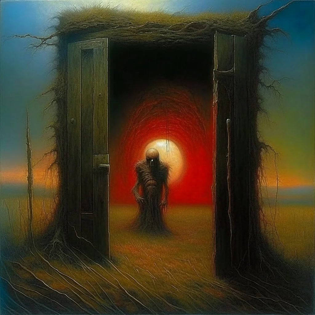 High concept art, horror movie aesthetic, by Zdzislaw Beksinski and Gabriel Pacheco, fine matte oil painting, in an empty field of knee-high grass is a wooden doorway revealing a portal of brilliant light, guarding doorway is a fearsome minitour holding an axe who has a television set on his head broadcasting a picture of a bull head, sinister, concept art, oddball masterpiece, sfumato, complex contrast,