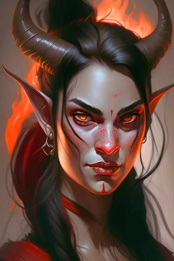 Portrait of a young and beautiful female Tiefling bard with red skin, two horns emerging from her forehead and long black hair with sidebangs and a ponytail. She has fiery eyes and a smirk on her face.