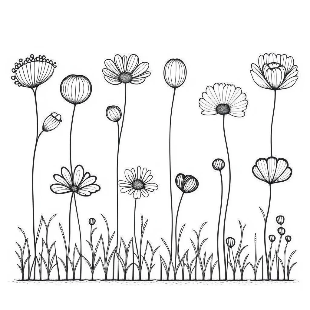 set of grow wind flower on the grace, SIMPLE ONE lineS art, white background, minimalis, different view, only white bakcground solid.