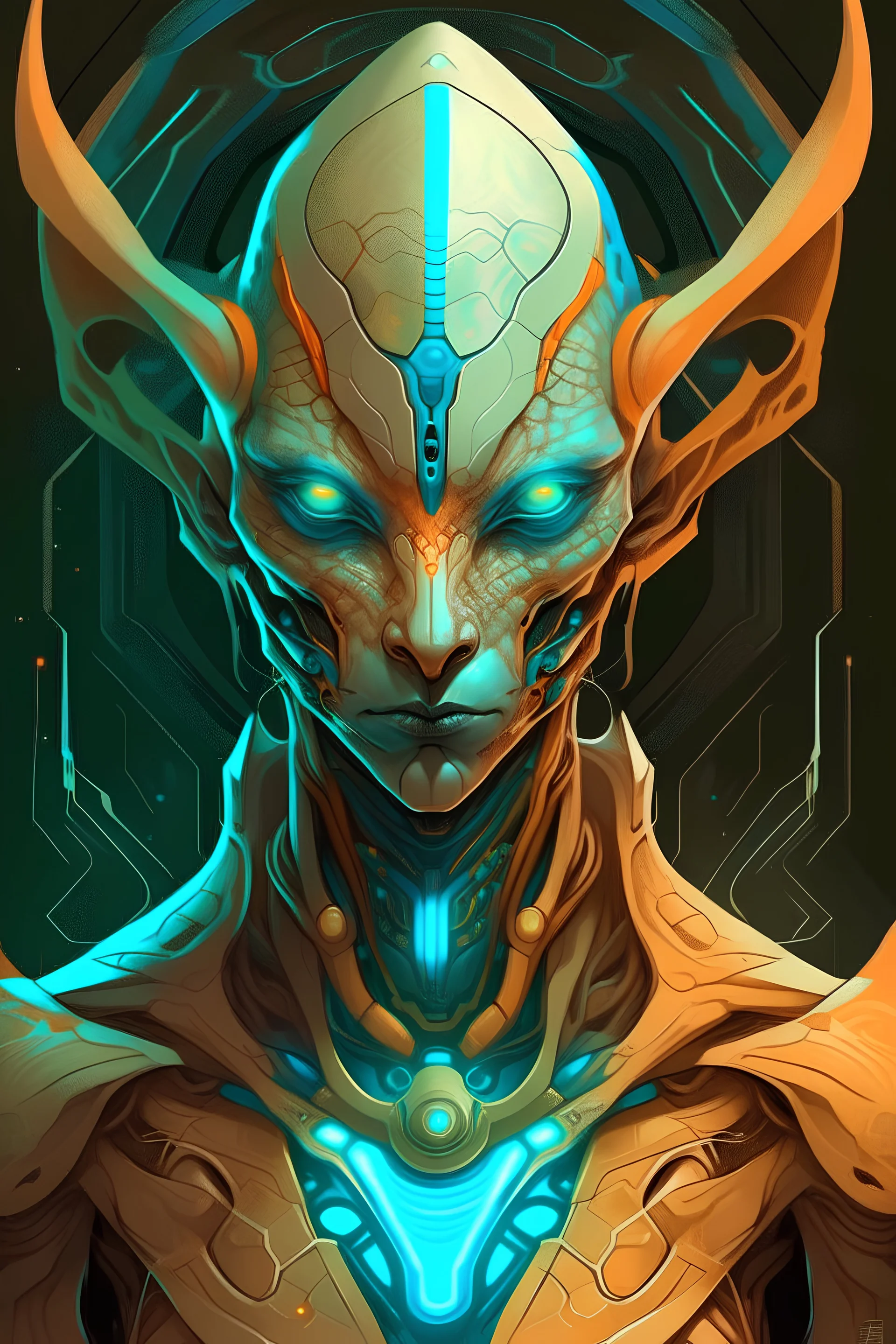 alien cyborg art and illustration by theo el, in the style of balanced symmetry, light orange and cyan, detailed facial features, manticore, organic forms, muted tones, meticulous portraiture, complex patterns --ar 1:2 --stylize 750 --v 6
