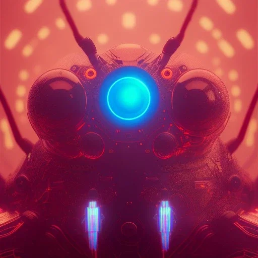 portrait painting of a cyberpunk red robot spider, ultra realistic, intricate details, ultra highly detailed, shiny, smooth, studio quality, octane render, Surrealism, Triadic colour scheme,glow-stick, ambient lighting,nightclub lighting, polaroid, 100mm, --ar 1:1 --v4