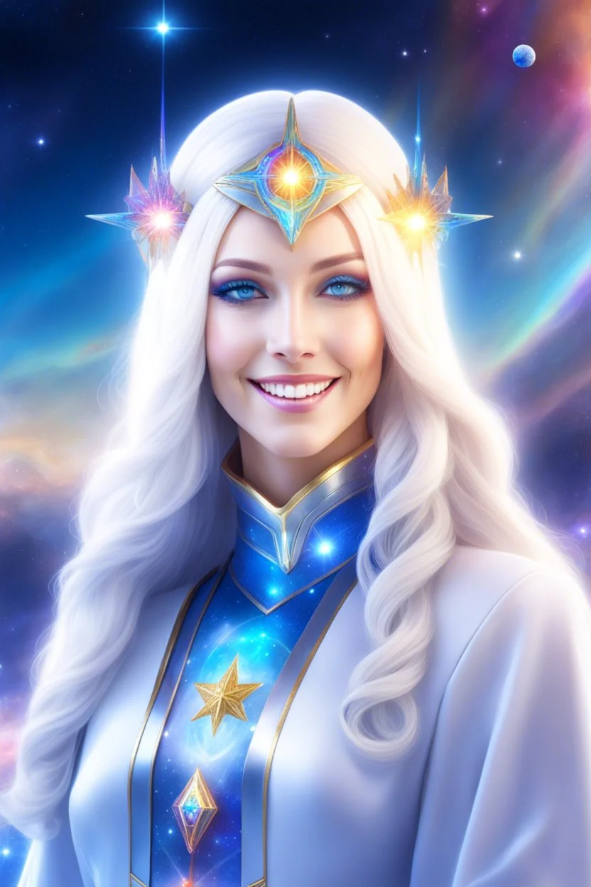 cosmic woman smile,galactic fédération, admiral from the future, one fine whole face, crystalline skin, expressive blue eyes,rainbow, smiling lips, very nice smile, costume pleiadian, Beautiful tall woman pleiadian Galactic commander, ship, perfect datailed golden galactic suit, high rank,rainbow hair, hand whit five perfect detailed finger, amazing big blue eyes, smilling mouth, high drfinition lips, cosmic happiness, bright colors, blue, pink, gold, jewels, realist, high,ufo,butterfly rainbow,