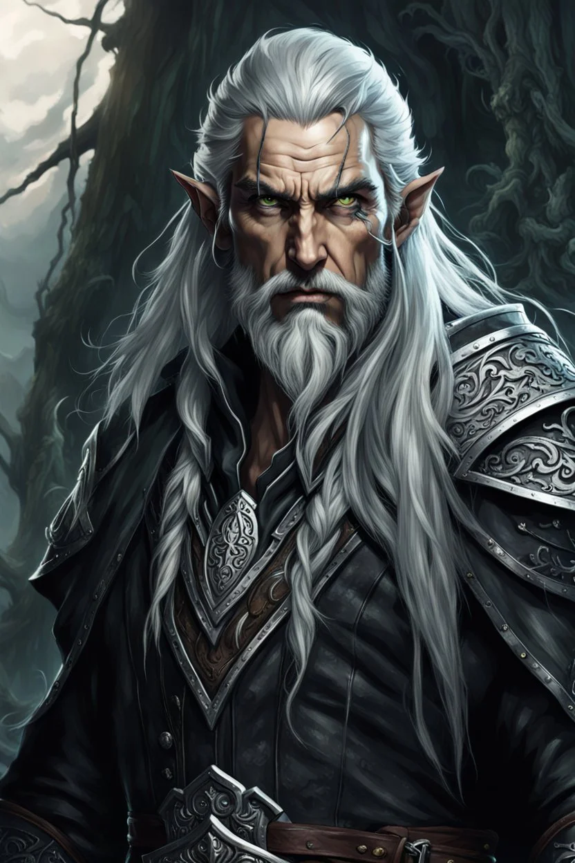 ancient grizzled, gnarled elf mage, he has long, grey hair streaked with black, highly detailed facial features, and sharp cheekbones. His eyes are black. He wears weathered medieval leather clothes. he is lean and tall, with pale skin, full body with thigh high leather boots and has a dark malevolent aura within swirling maelstrom of ethereal chaos in the comic book style of Bill Sienkiewicz and Jean Giraud Moebius in ink wash and watercolor