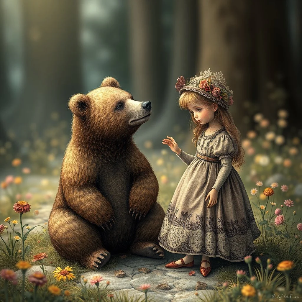 The girl and the brown bear, fabulous, dreamlike, children's story, anatomically correct, figures completely in the frame, no writing, no numbers, in the Style of Vania Zouravliov, Sherry Akrami, Ivan Bilibin, Maria Sibylla Merian, Alex Almany, Daniel Merriam, Jean Baptiste Monge, Iwona Lifsches Modifiers: bokeh digital painting elegant extremely detailed Award winning photography fantasy intricate 8k very attractive award winning imperial colors fantastic view 4K 3D crisp quality hdr very cute