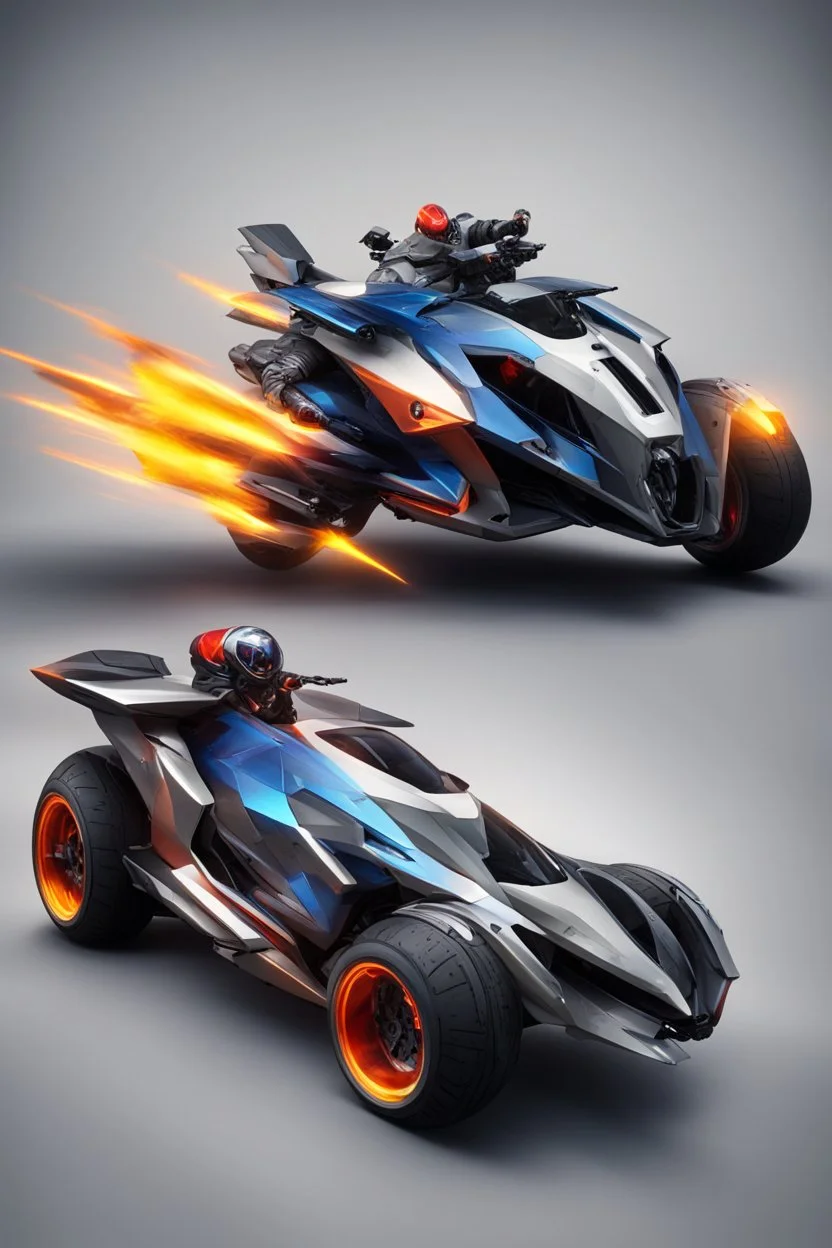 A combination of ultra-advanced car and crazy Max fighter, super sporty, with color and nano technology An advanced motorcycle with four wheels and a turbo jet in the back with rockets and machine guns