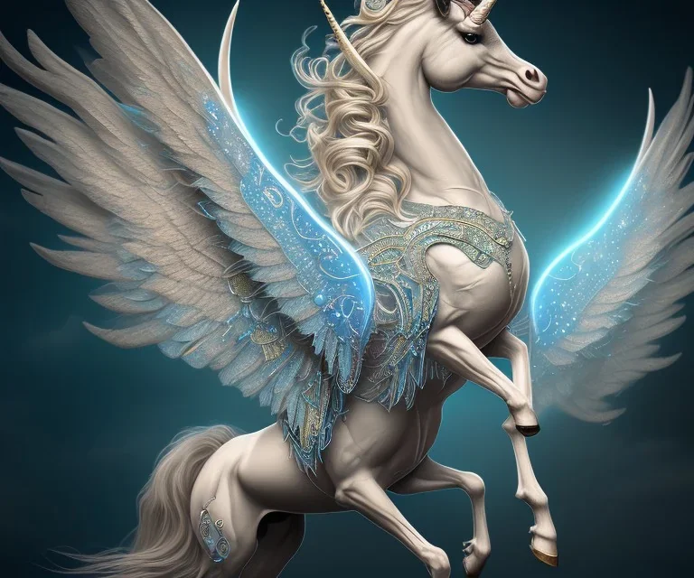 unicorn glowing wings, shadow, surreal fantasy art, highly detailed, intricate patterns on wings, soft studio lighting, smooth dark blue background 64k