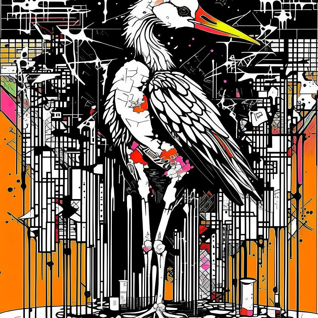 stork collage art, horror neo surrealism, splash art, concept art, by Derek Gores, artistic, bar code style.