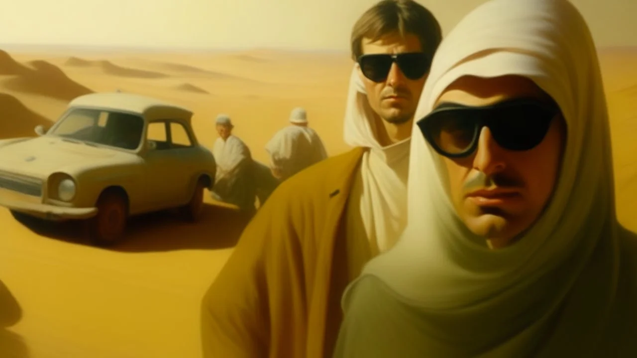 takistan life, scene oil painting. dr arab cover 1970, closeup dnd style. sunglasses. desert mist. smoking weed. lawrence of arabia. car race.