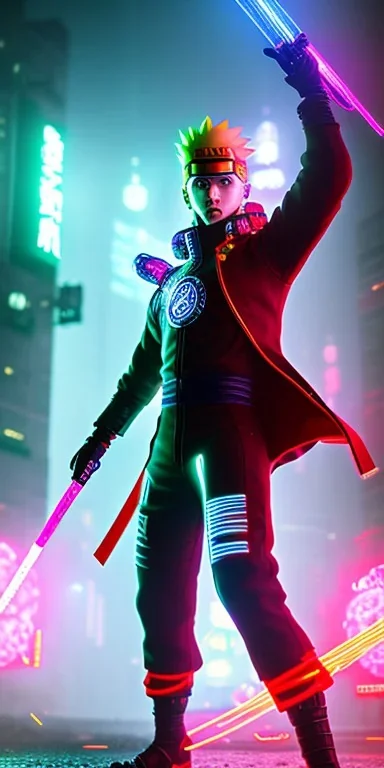 Naruto with cyber glowing swords, cyberpunk, full body, realistic, intricately detailed, neon lighting, vivid colors, neon, 64k