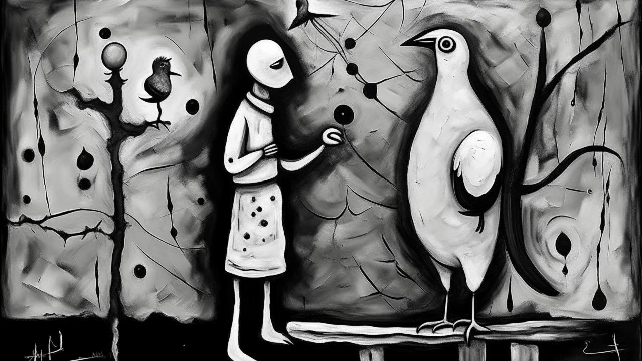 abstract painting, balance, man and bird, bizarre, surreal, art brut, outsider art, a black and white photo, pexels contest winner, 1940s, high quality photo,