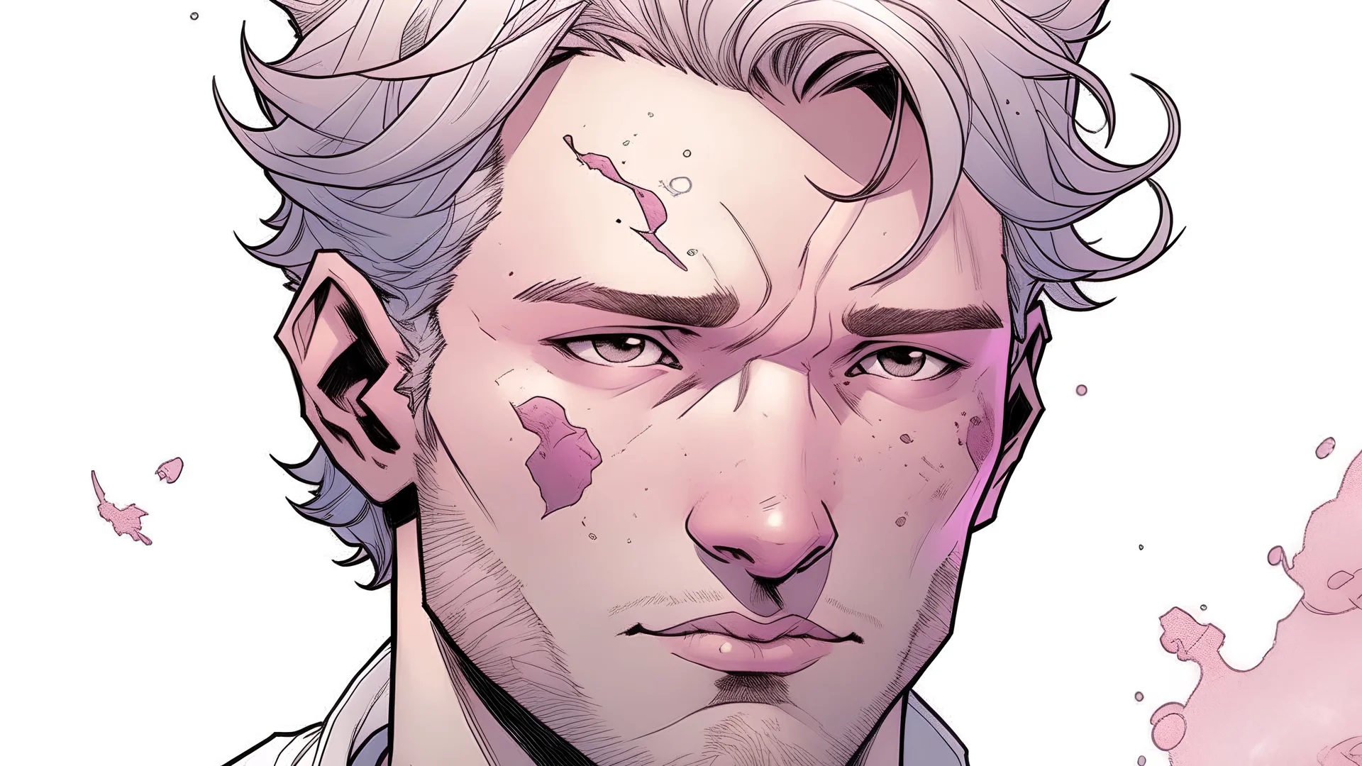 Heath was born with a porcelain face, snowfall hair that was alike his parents, his sun kissed warm skin. His left eye was a lavender color while his right was a soft pink. Marvelverse comic marvelverse characters