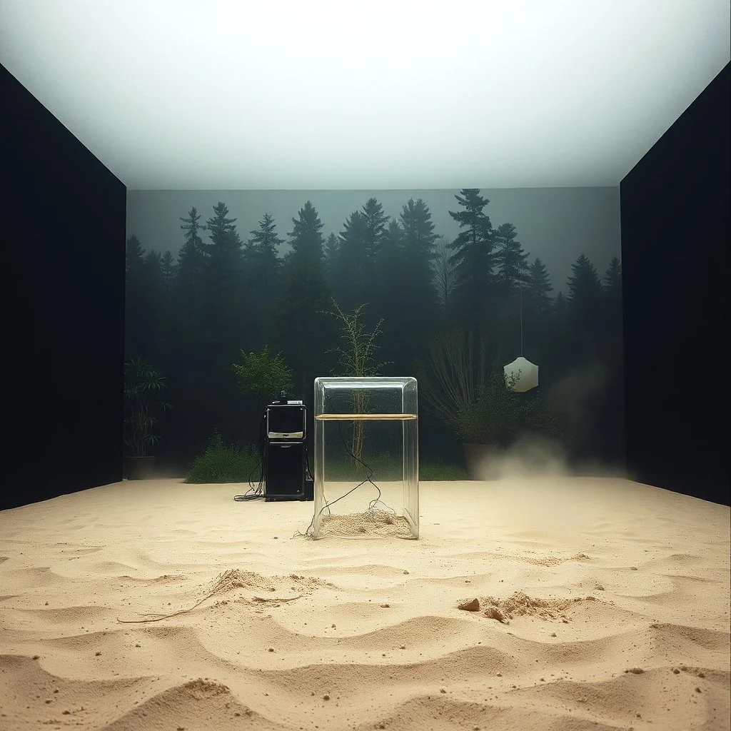 A photo of a closed environment in a dark closed space. In the background there is a forest. Più piani si intersecano. At the center, a structure made of plastic. Some electronical devices. Plants, clouds. Max Ernst. The surface below appears to be sandy, with small accumulations of sand, scorrere dell'infinito. Fog, powder. In the background, other forms or structures are visible, pastel colors, yellow. The photo was taken with a Hasselblad H6D 400c camera.