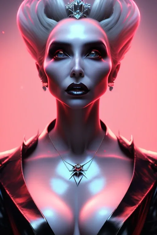 Constance Langdon as evil queen in black leather, leather, busty, cleavage, angry, stern look. character design by cory loftis, fenghua zhong, ryohei hase, ismail inceoglu and ruan jia. unreal engine 5, artistic lighting, highly detailed, photorealistic, fantasy