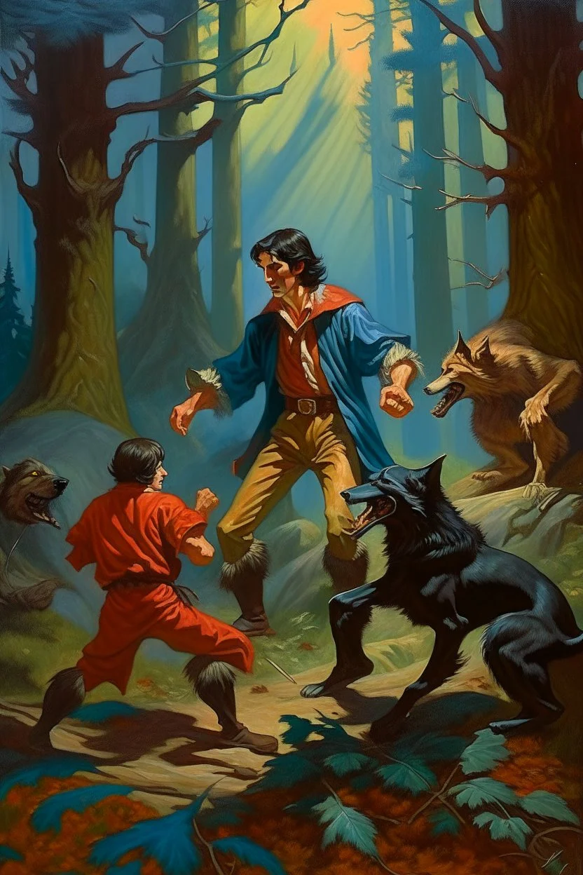 1970's dark fantasy cover dnd style oil painting of seinfeld killing a wolf in the woods in sport outfits with minimalist far perspective.