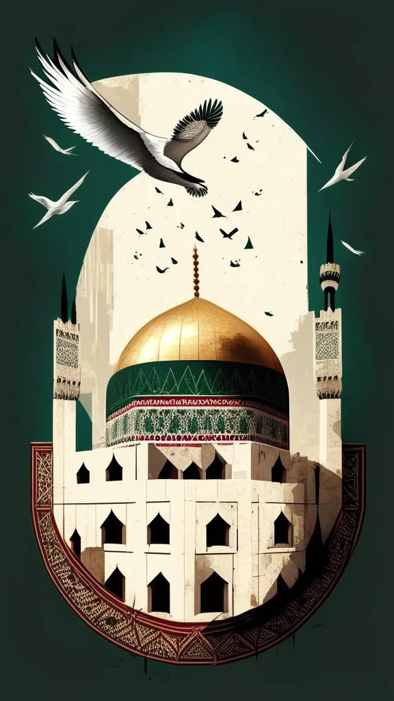 A design for Al-Aqsa Mosque, with a dove around it that expresses freedom, and the Palestinian flag flutters, covering Al-Aqsa Mosque.