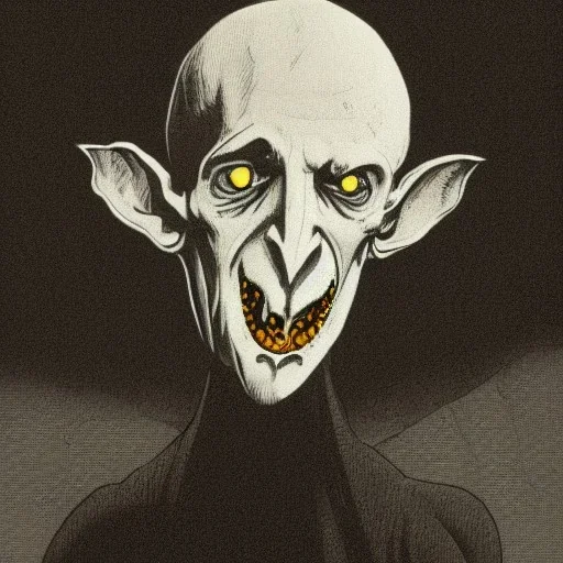 nosferatu vampire with white skin yellow eyes and tentacles and four long arms and fingers