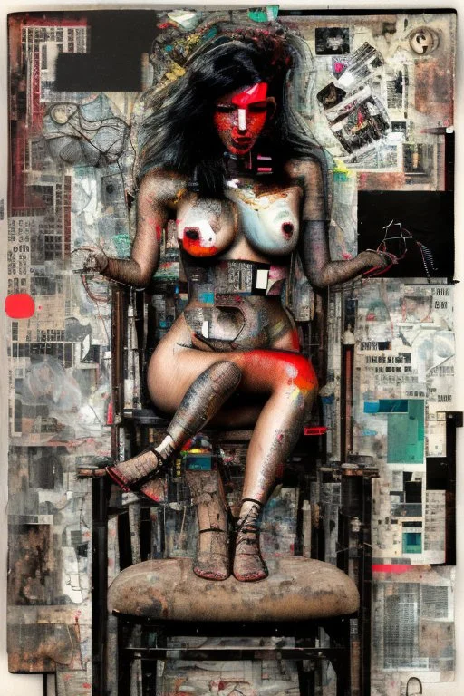 Ultra detailed medium portrait painting of a half naked woman sitting on a chair, no nudity, bended over, dark room with little light coming from an open door behind her, torn up collage of clippings, broken circuitry background, matrix effects, punk visual art, punk art aesthetic, graffiti art, pop surrealism, collage art, cluttered paint glitches