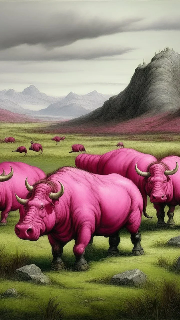 A blackish pink tundra with woolly rhinos painted by Albrecht Durer