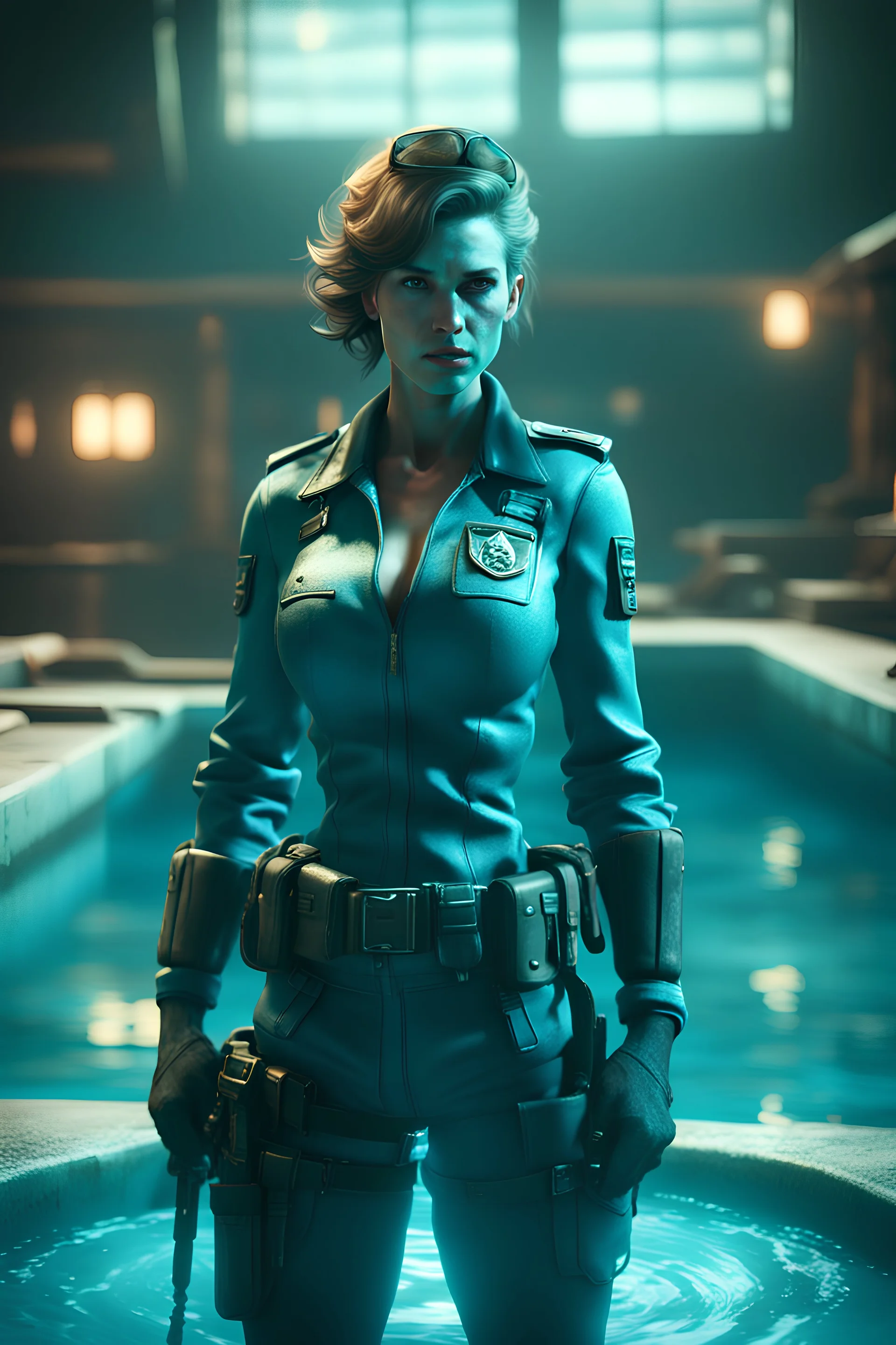 super mutant police woman in cyan pool in fallout 4 setting, bokeh, downlight, prize winning, depth of field, in the style of ivo caprino, backlight, aura