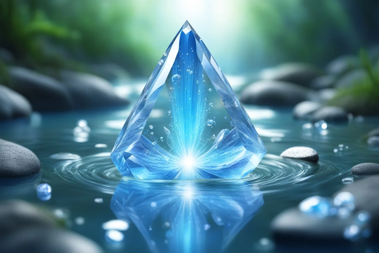 a little cosmic lightblue magic vertical teacher crystal in the middle of a fairy stream. it has a strong vertical ray that connect it to the sky