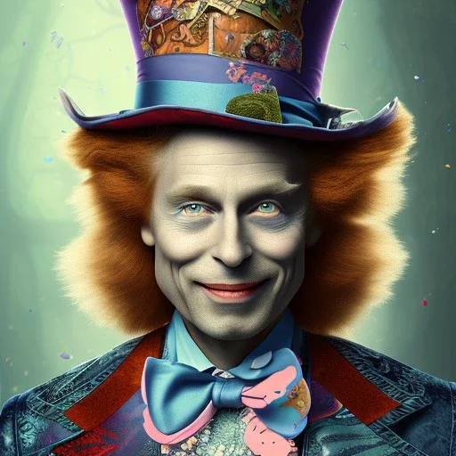 "Mad Hatter" book young man character of "Alice in the wonderland".Detailed face, detailed eyes, blue eyes, Realistic lighting,, elegant dress,sarcastic smile,big top hat,.behance contest winner, generative art, baroque, intricate patterns, fractalism, movie still, cartoon.style by Disney,Chie Yoshii,earnst haeckel,james jean.