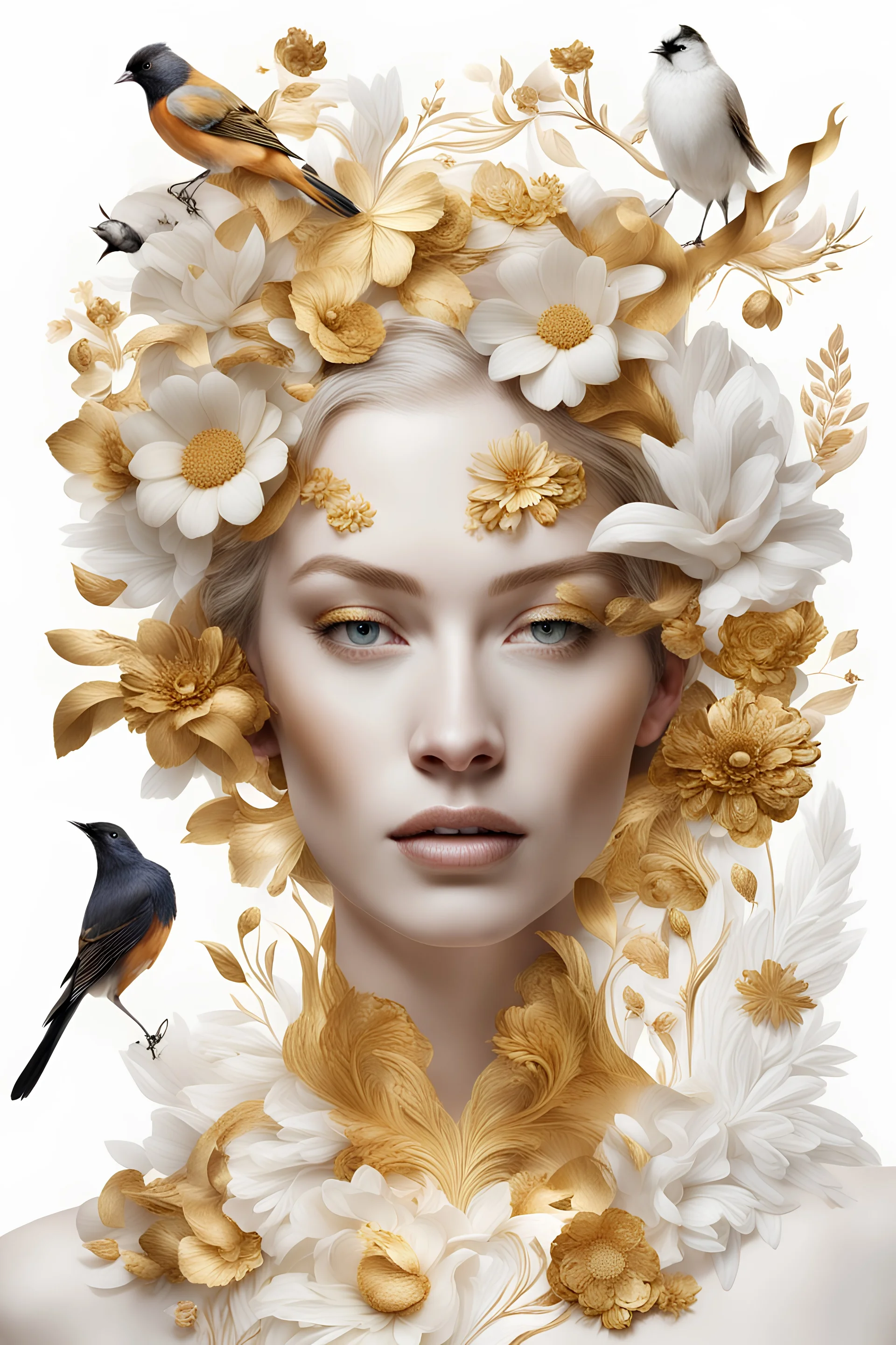 White background, portrait of a Woman, flowers made of gold, birds made of gold