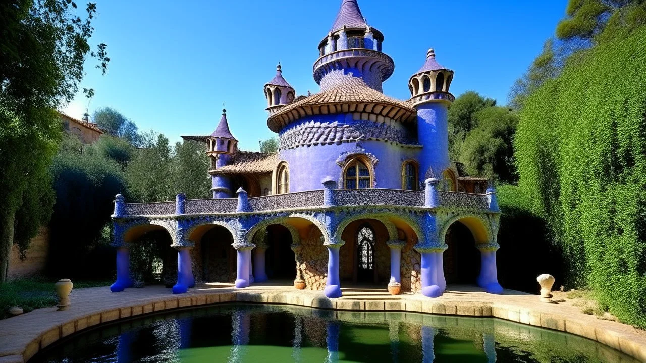 A violet mad doctor's chateau with a toxic moat designed in ancient Egyptian pottery painted by Antoni Gaudi