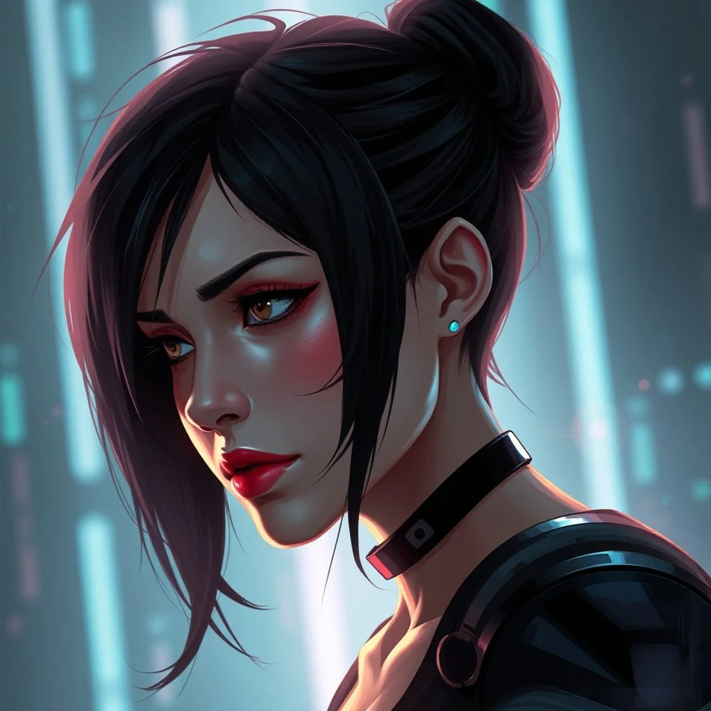a pretty woman, dark hair, futuristic, contemplative, digital art, stylised