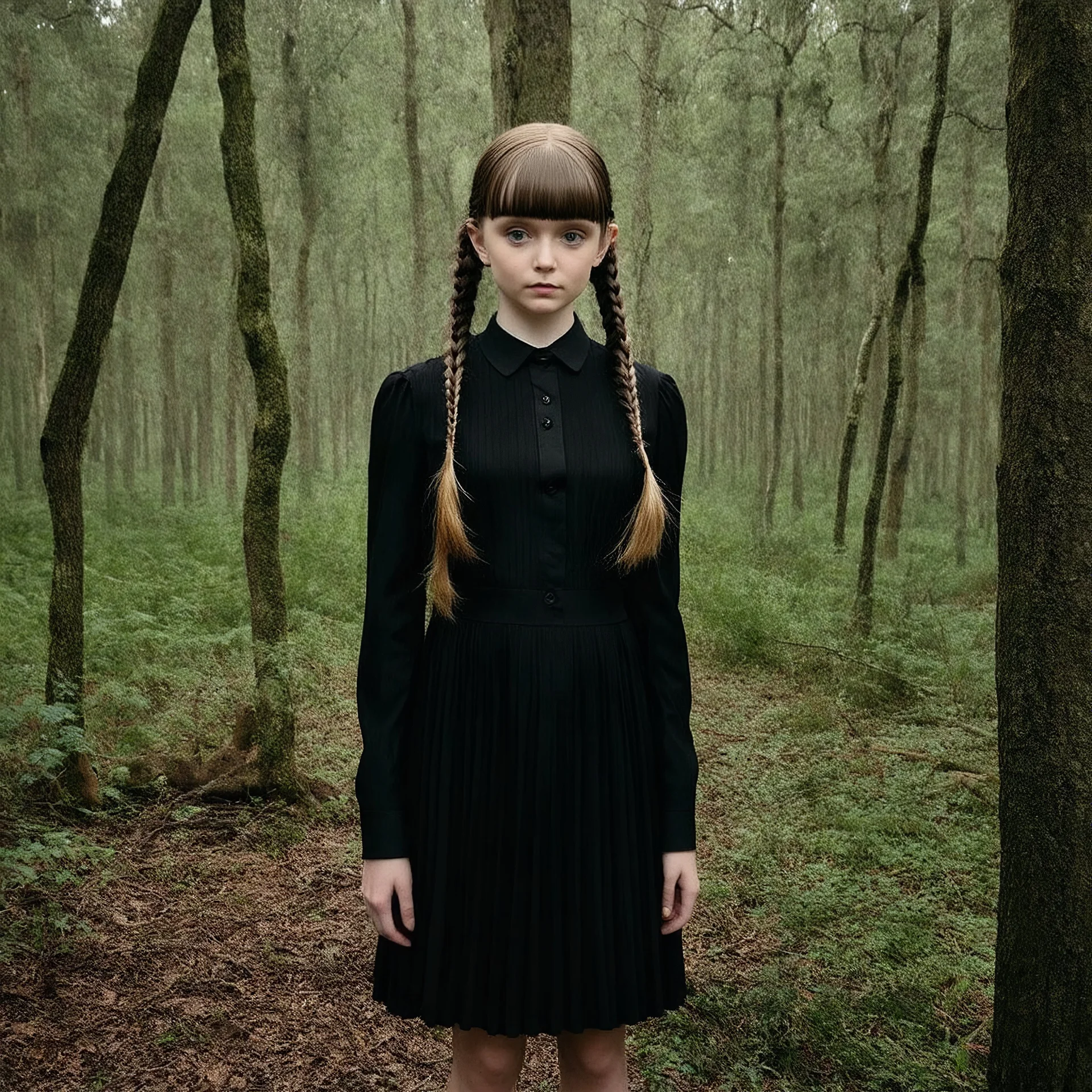 lily-rose Depp as Wednesday addams, braids, bangs, in tge woods