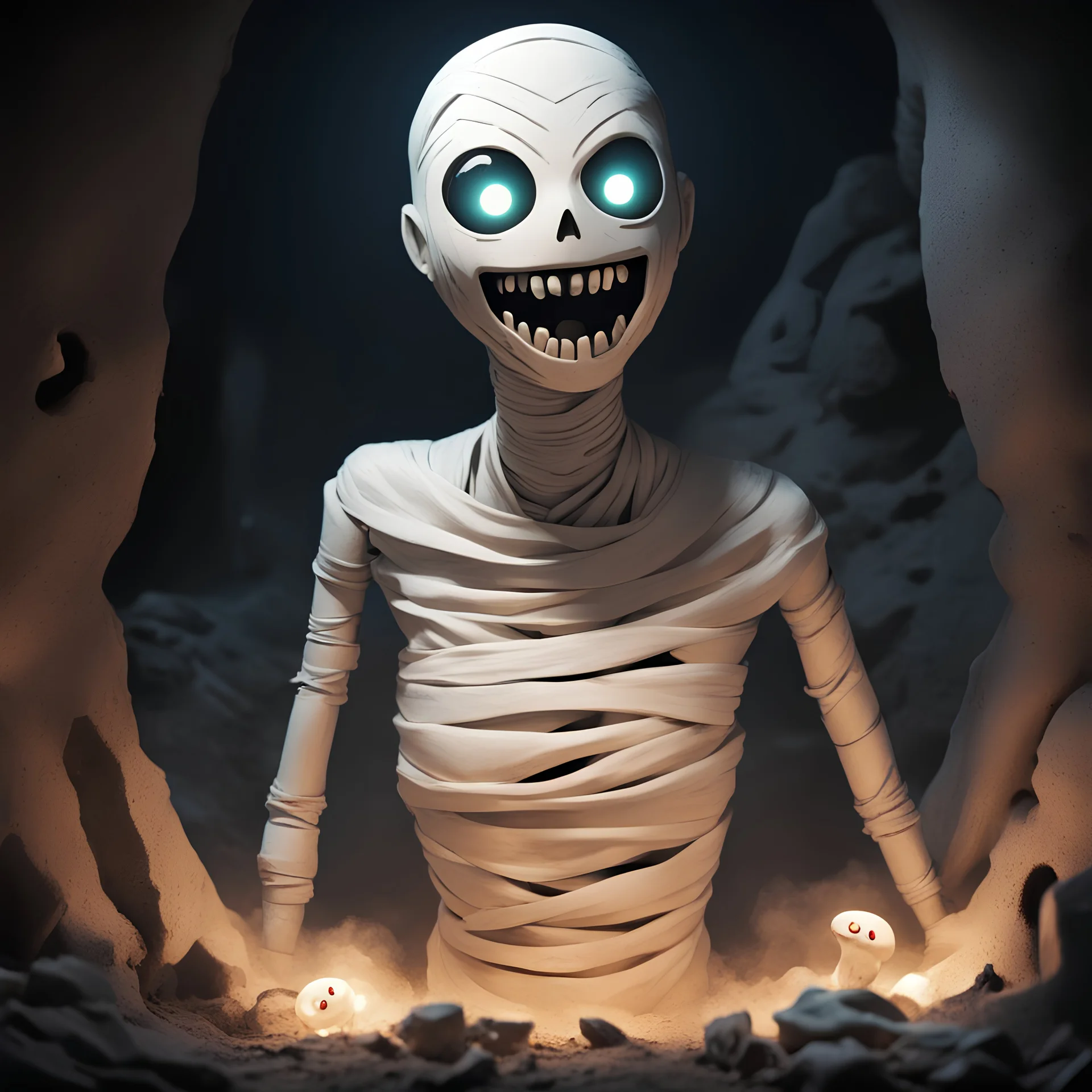 Mannequin rising from a freshy dug grave glowing eyes a creepy grin upon it's face mummy-like bandages coming unwrapped in pokemon art style