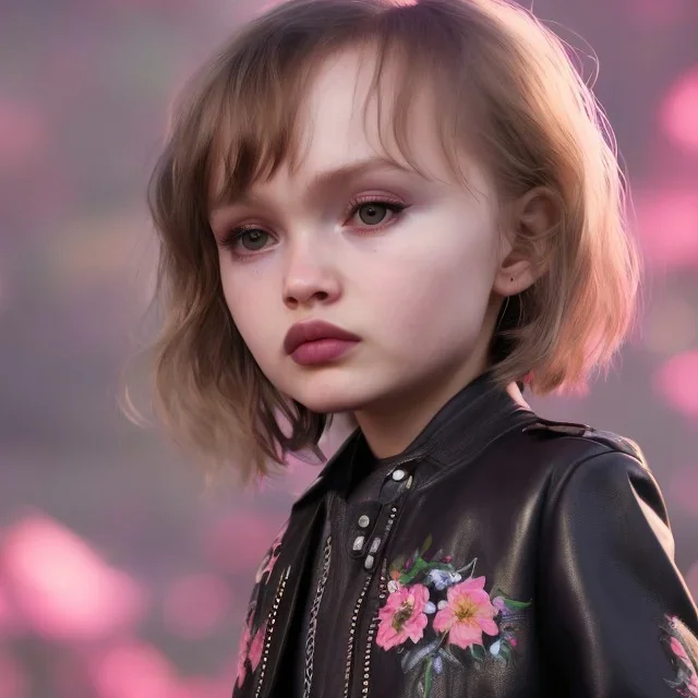 Lily rose depp toddler, full body, floral leather jacket, dynamic pose, tokio background, dramatic lighting, hyper realistic, unreal engine, 8k, upscale