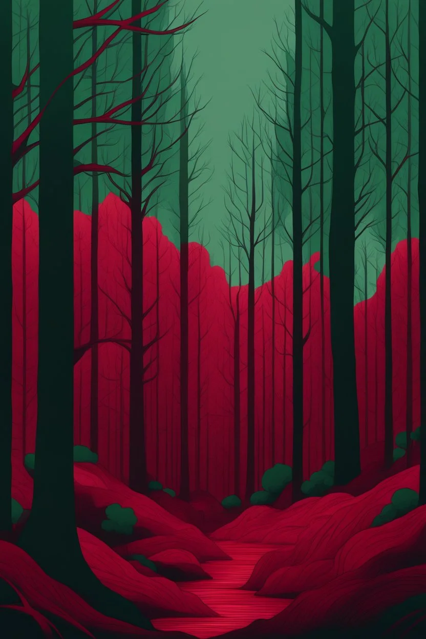 forest in dark red trees and dark green colors only, thin lines draw style