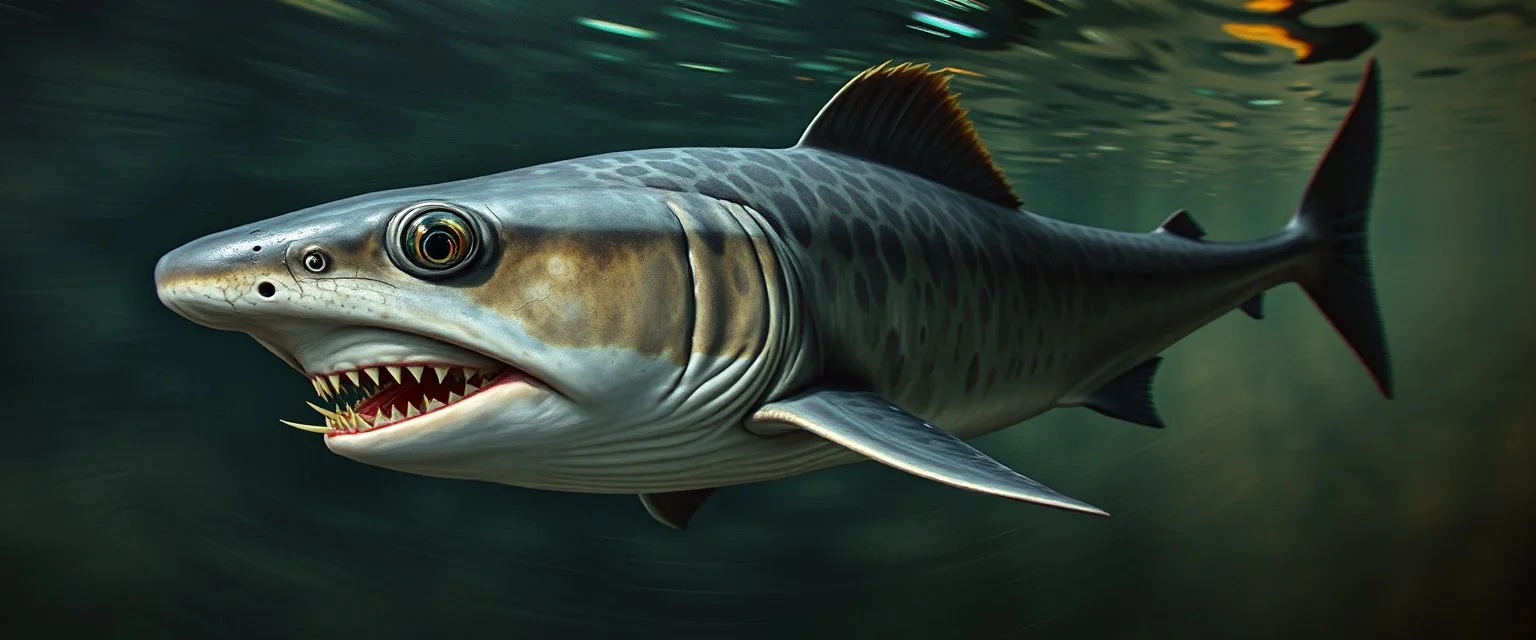 master oil painting by Rembrandt, good afternoon Lurkfin "A sleek aquatic predator with jagged dorsal fins and razor-edged tail, mottled gray-green skin blending with murky waters, needle-like teeth, eyes that pierce the surface, body coiled like a spring, ready to strike suddenly." pin hole cam, twisted perspective, goa trance music poster, awake within a psychedelic mushroom dream, with some motion blur background, and hyper depth perception layout