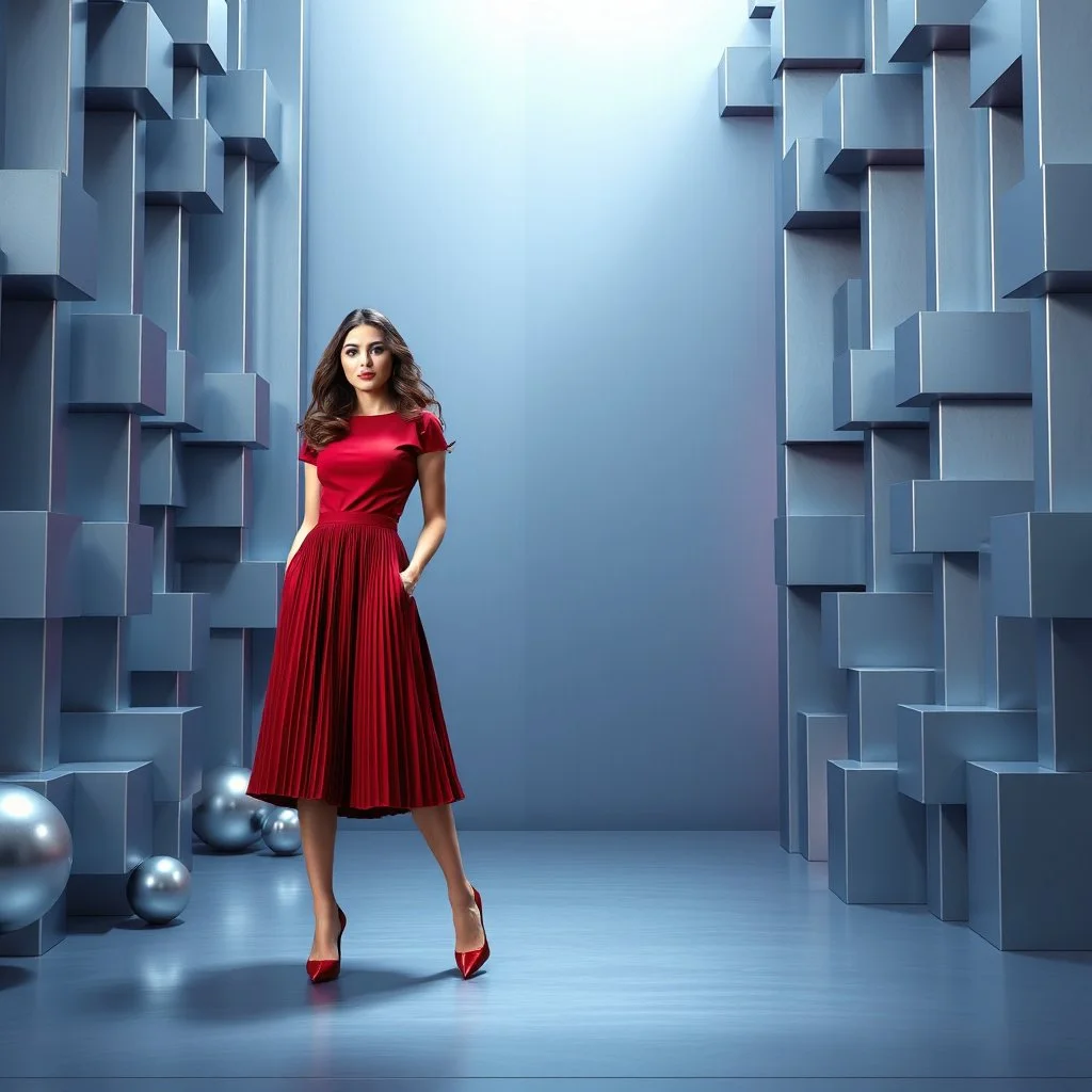 make a picture pretty stage made of metallic blue-gray teme 3d recursive cubic and sphere and cylinder base structures and a beautiful fashion model lady standing in scene with dark red top and pretty pleated midi skirt ,makeup curvy long hair,nice high heels,dynamic camera zoom to full body ,dynamic lights.
