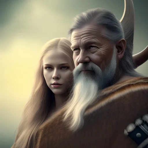 Viking theme, a younger woman sitting next to a 50-year-old man, portrait, 8K, close-up face, anatomically perfect face, Highly detailed stunning full frame portrait, misty and cloudy atmosphere