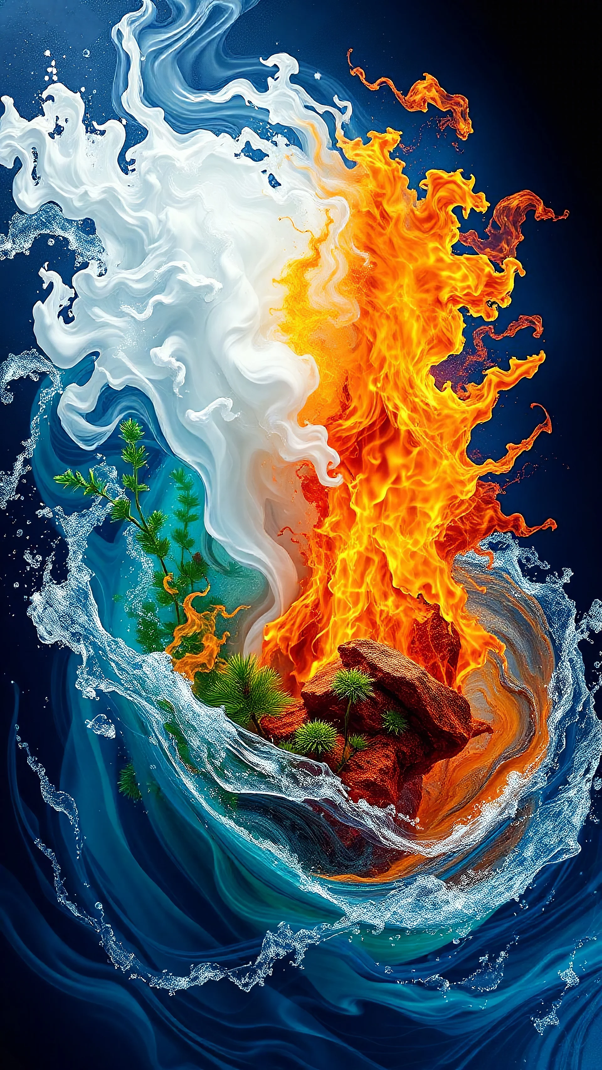 the elements of light (white), fire (fire colors), air (nearly transparent), earth (green plants and brownish rock), and water (slightly transparent, various shades of blue) colliding in a vibrant swirl, photographic, highly detailed and realistic, highest level of clarity, detail, and realism, vibrant colors, book cover art, book-cover-worthy